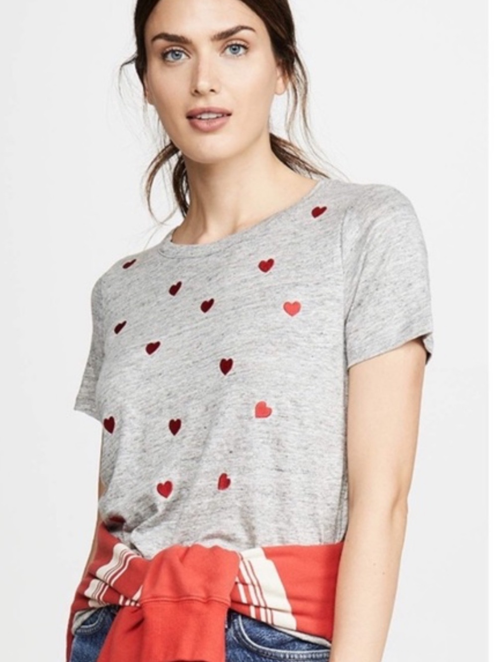Boutique Embroidery Gray Heart Print Tee Small Stretch